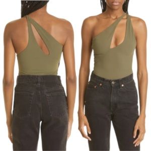 ALIX NYC Page One Shoulder Thong Bodysuit in Military Green NWOT